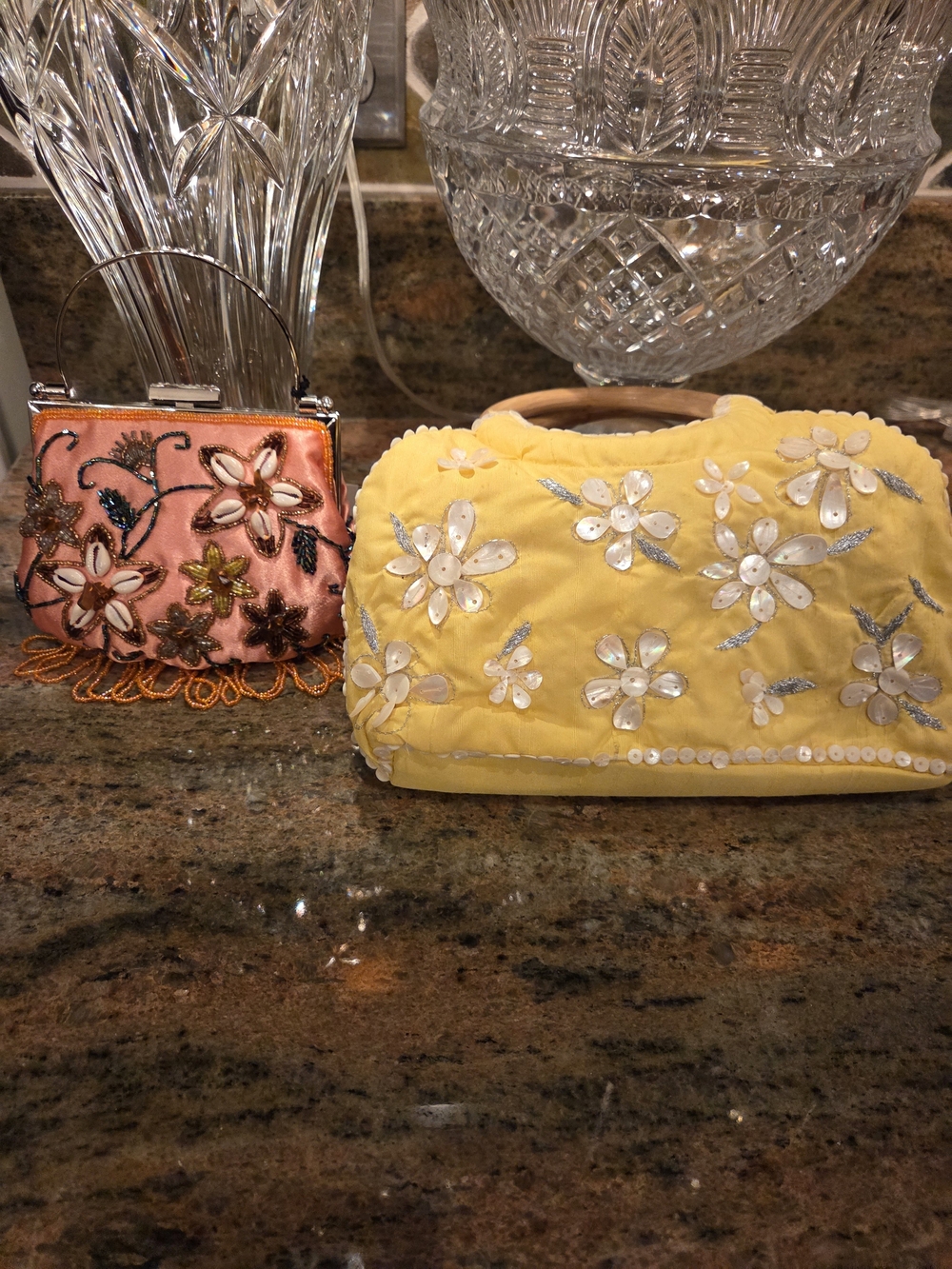 Embellished Yellow Silk And Coral Color Floral Bags